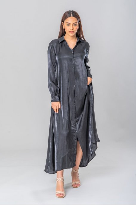 Robe longue col chemise satinée noir