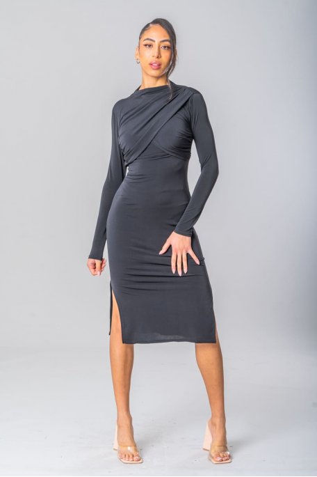 Schulterbetontes langes Kleid mit Drapierungseffekt schwarz