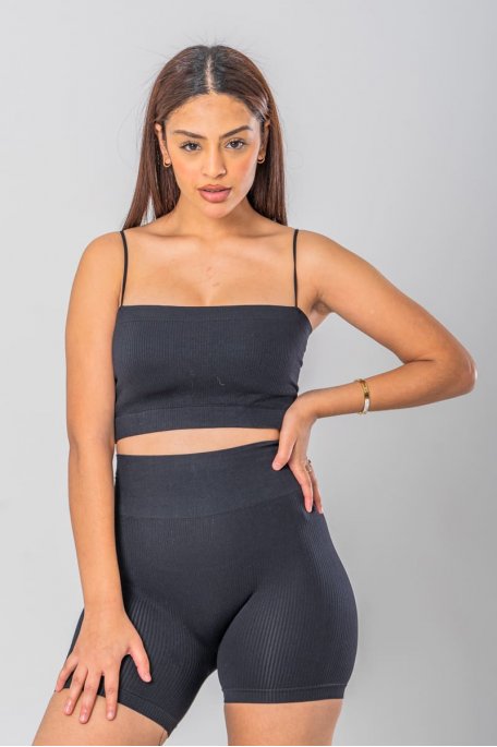 Black strapless crop top with thin straps