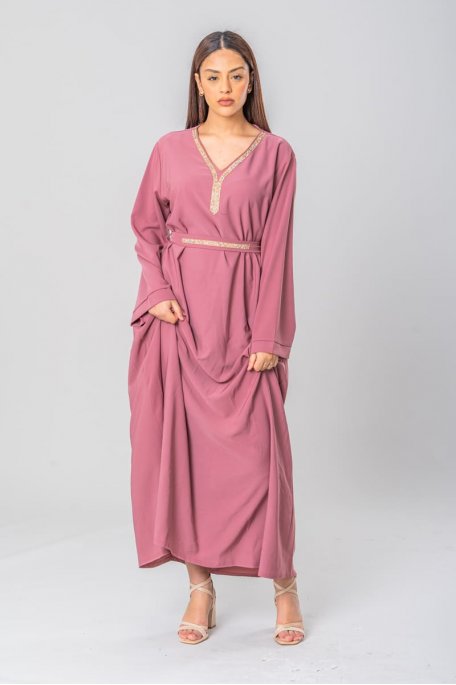 Abaya-Kleid mit Strasssteinen, gegürtet, rosa