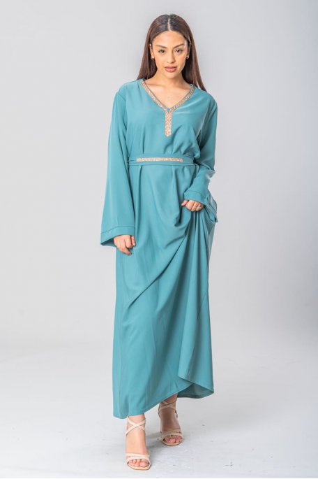 Green belted rhinestone abaya dress