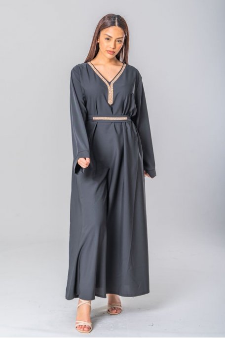 Abaya-Kleid mit Strasssteinen, gegürtet schwarz