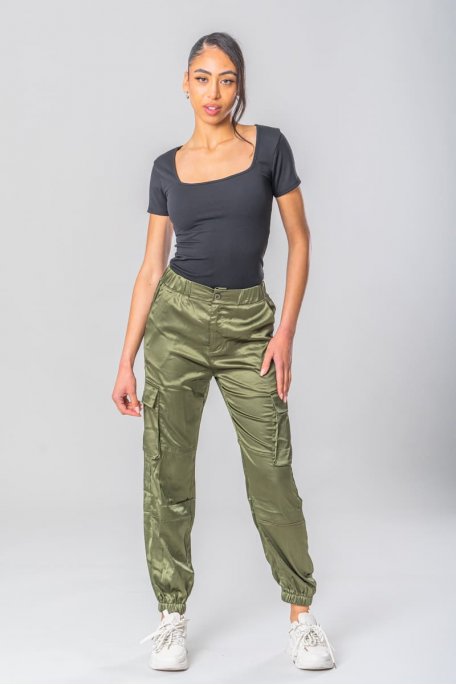 Khaki fluid satin cargo pants