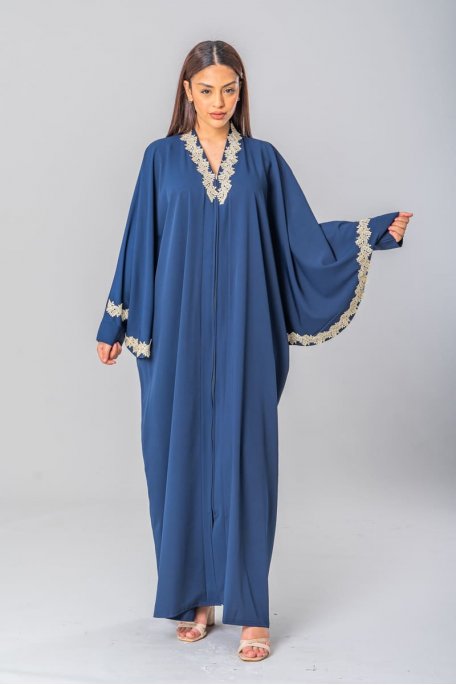 Blue abaya dress with embroidered batwing sleeves