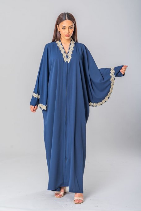 Robe abaya broderies manches chauve-souris bleu nuit