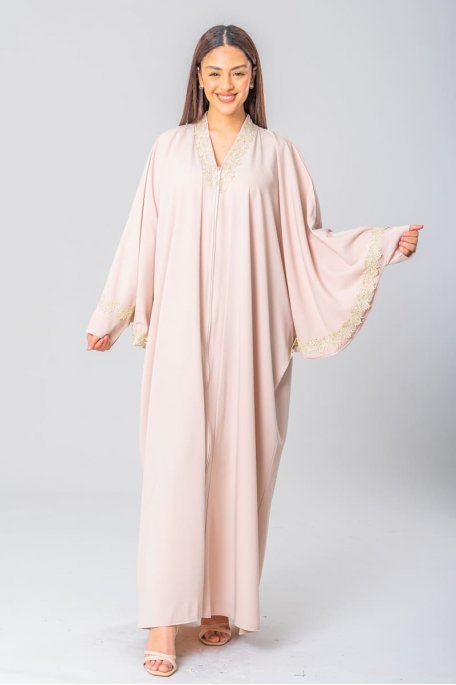 Beige abaya dress with embroidered batwing sleeves