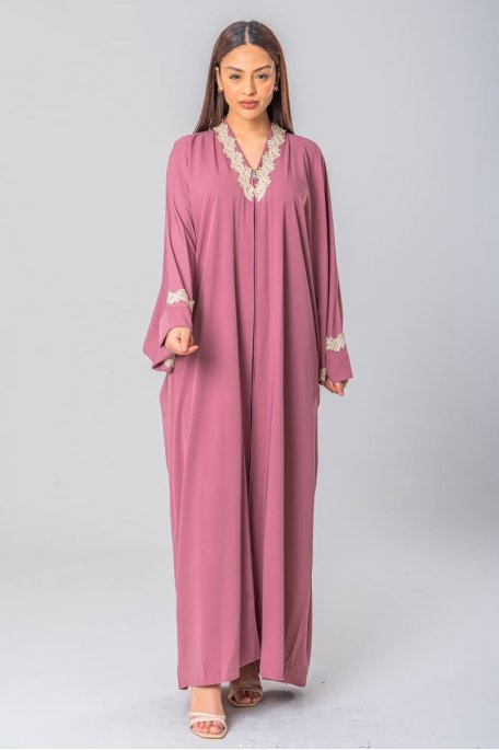 Pink abaya dress with embroidered batwing sleeves