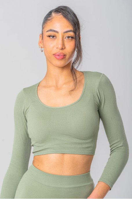 Khaki long sleeve ribbed crop top