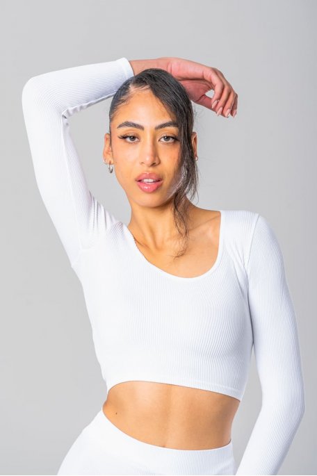 Crop top côtelé manches longues blanc