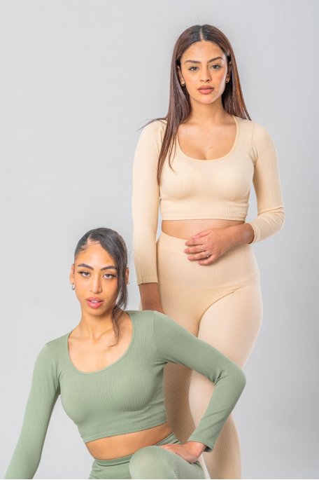 Geripptes Crop Top mit langen Ärmeln beige