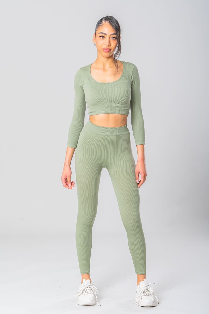 Khaki green ribbed leggings - Cinelle Paris, fashion woman