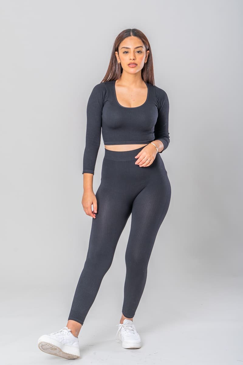 Charley' Grey Ribbed Long Sleeve Crop Top And Legging Co Ord Set –  UrbanPeaches