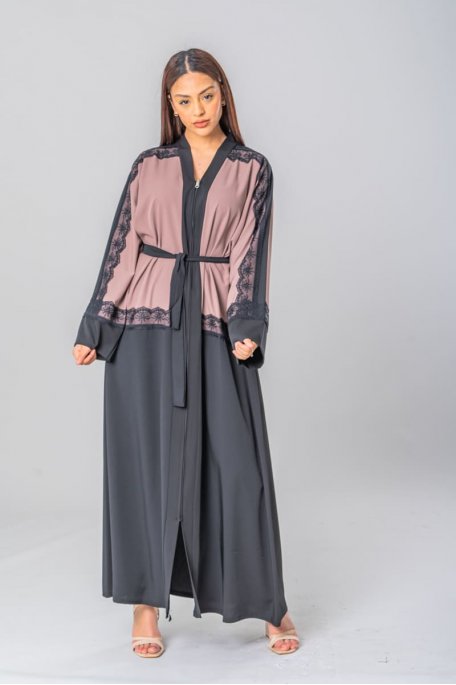 Robe abaya ceinturé broderie en dentelle taupe