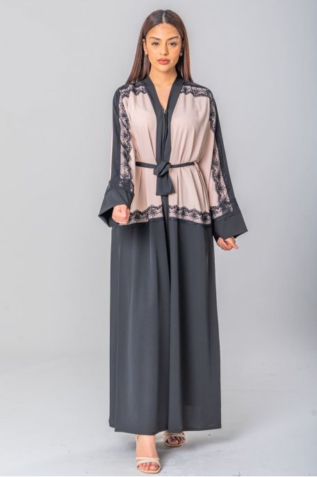 Belted abaya dress with beige lace embroidery