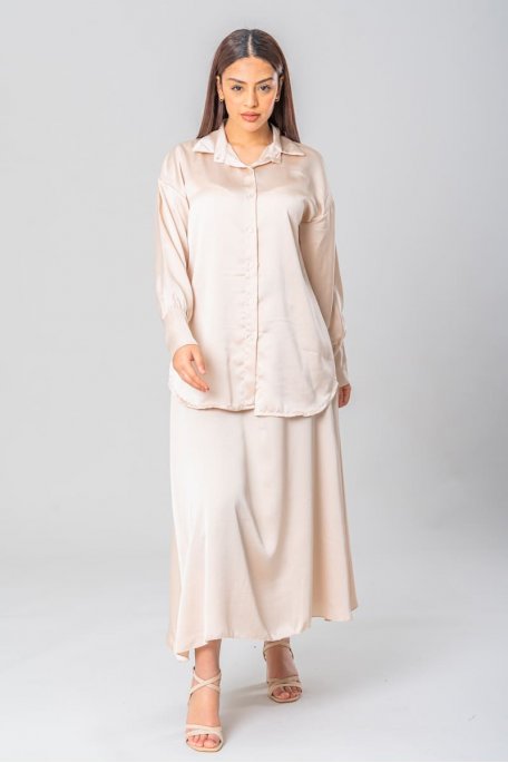Ensemble satiné chemise et jupe longue beige