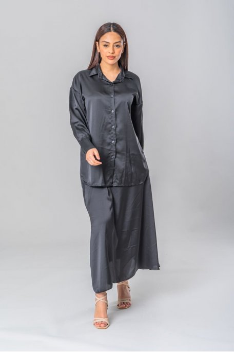 Ensemble satiné chemise et jupe longue noir