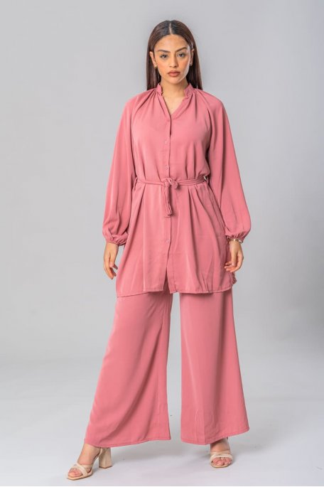 Ensemble chemise ceinture pantalon ample rose