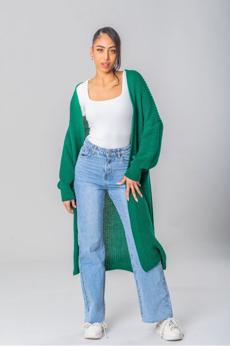 Long green knitted cardigan