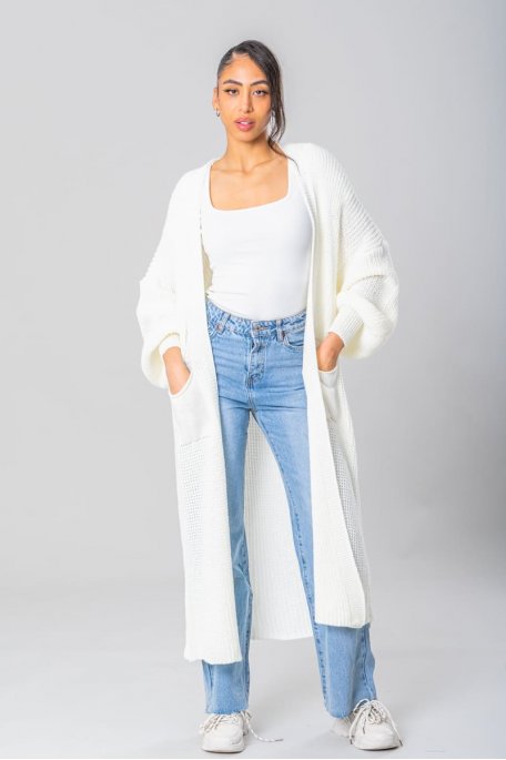 White long knitted cardigan with puffed sleeves