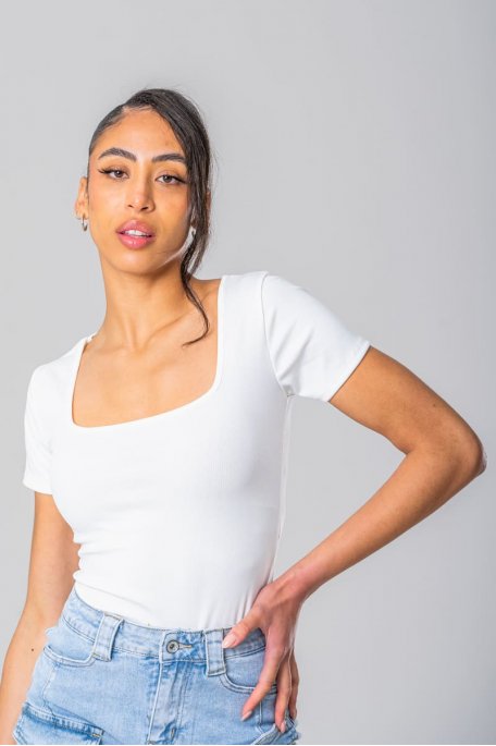 White square neck bodysuit with short sleeves