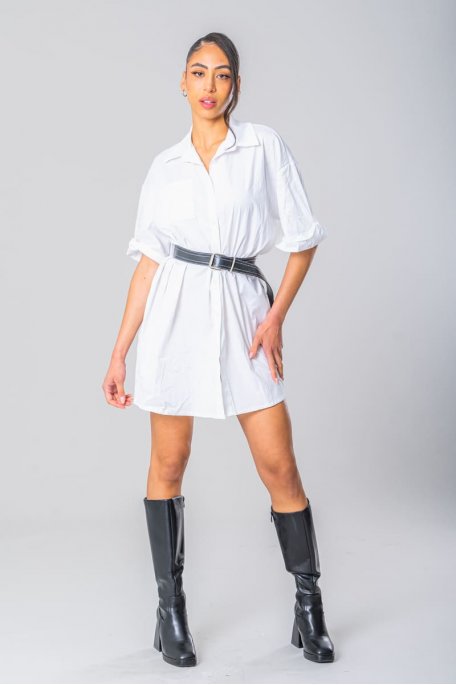 White imitation belt shirt dress