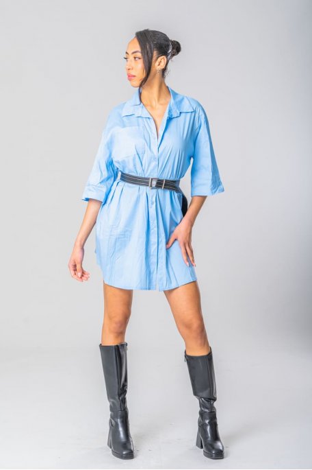 Kleid Hemdbluse Gürtel Kunstleder blau