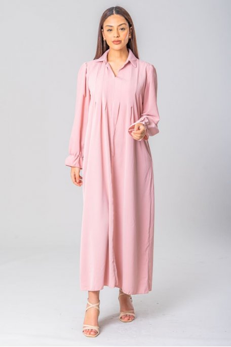 Robe longue modeste col chemise rose