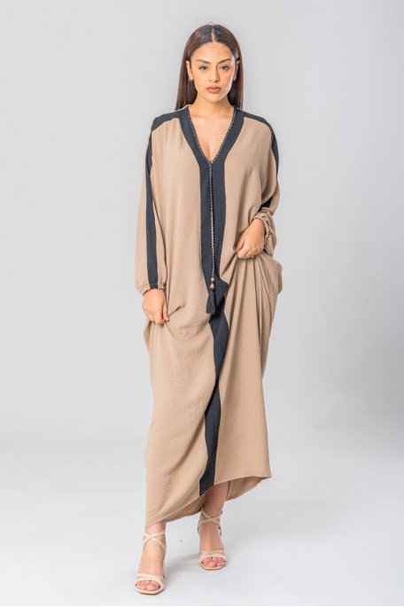 Long Abaya dress with taupe braided details