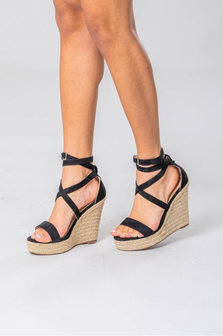 Wedge-Sandalen mit Espadrilles aus schwarzem Wildleder