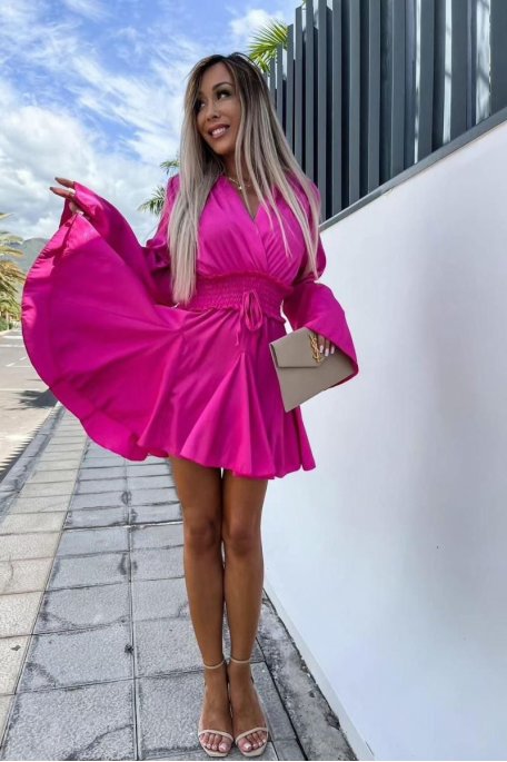 Robe volants satinée cache-cœur fuchsia