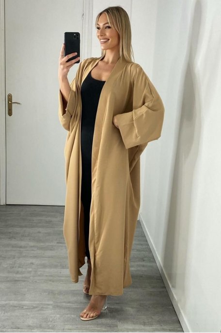 Long kimono vest with bat sleeves camel