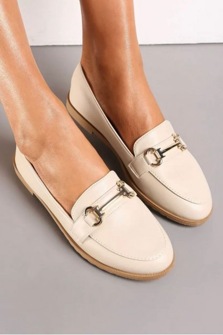 Gold buckle loafers with beige flat soles
