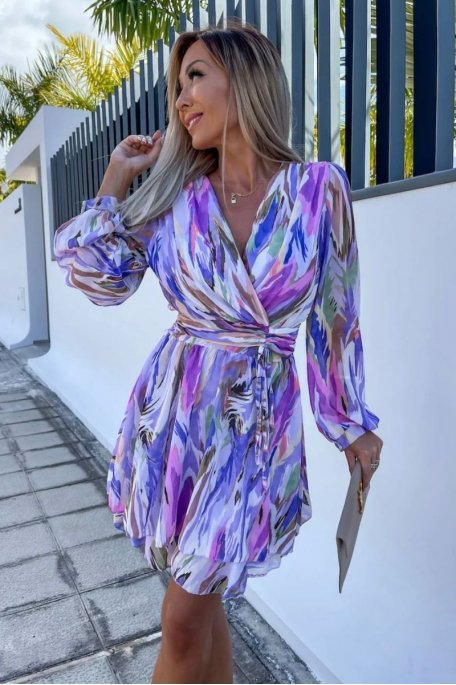 Purple tie and dye belted wrap dress