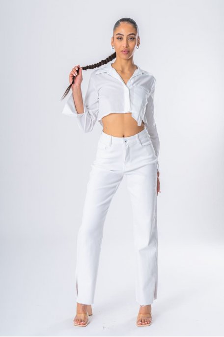 White stretch long slit jeans