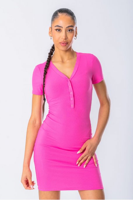 Ribbed V-neck dress with pink buttons