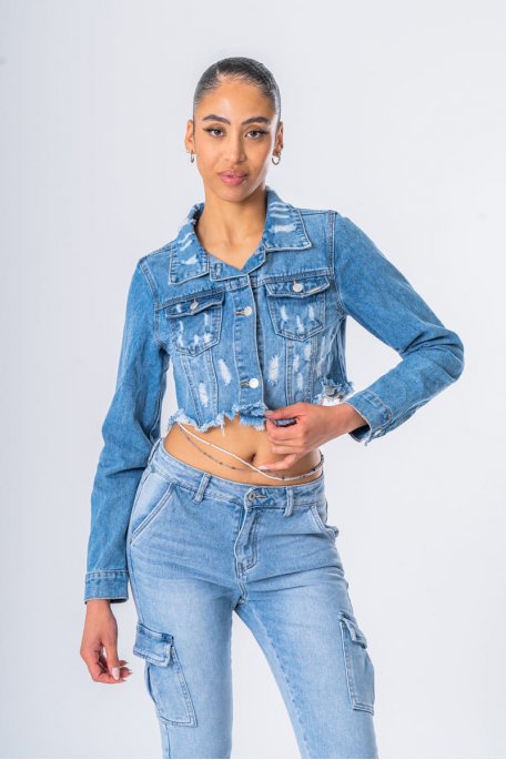 Blue ripped short denim jacket