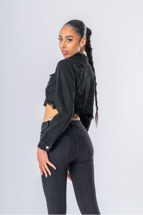 Veste en jean a boutons dechiree noir Cinelle Paris mode femme tendance