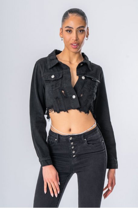 Black ripped short denim jacket