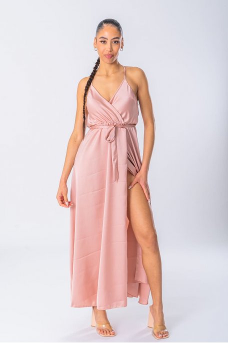 Long satin dress with pink wrap around neckline