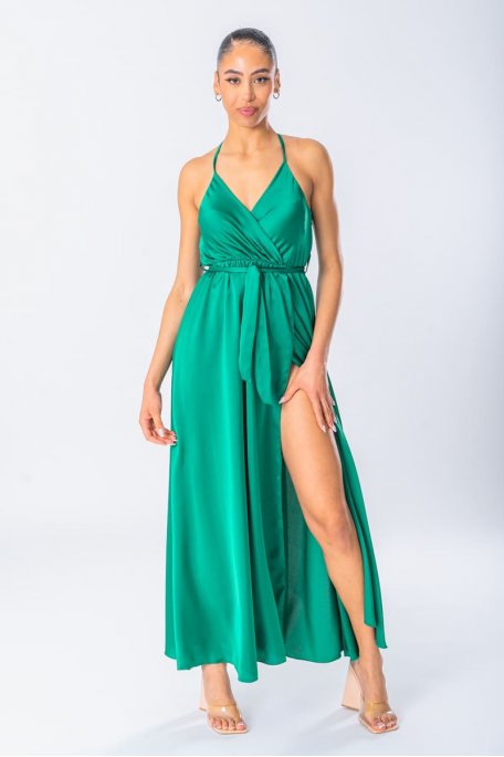 Long satin dress with green wrap around neckline