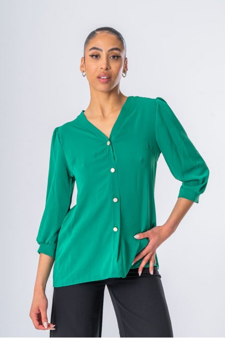 Green satin effect golden buttons shirt