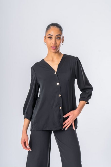 Blouse boutons dorés effet satiné noir