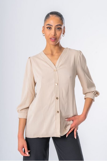 Blouse boutons dorés effet satiné beige