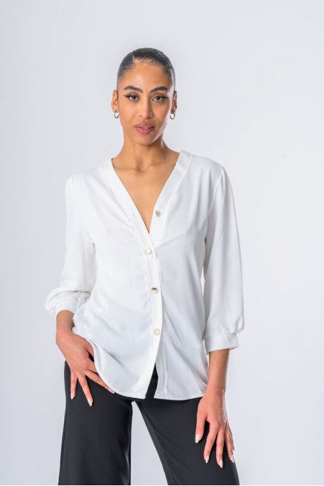 Blouse boutons dorés effet satiné blanc