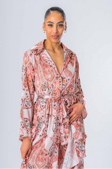 Ensemble kimono long à motif rose