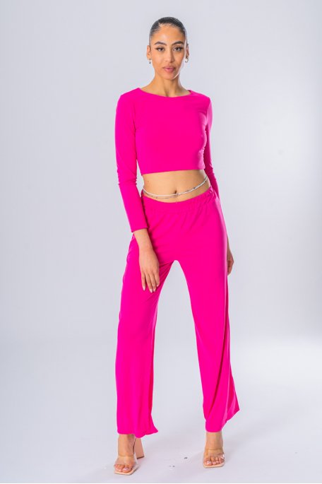 Fluid crop top and flared bottom set in fuchsia