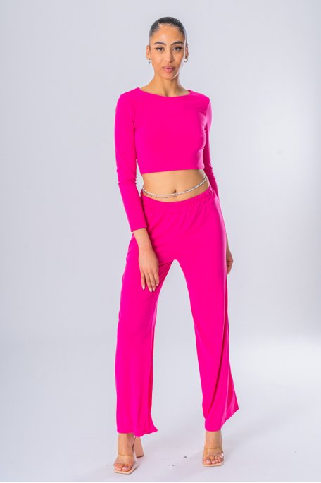 Set aus Crop Top, fließendem Unterteil und ausgestelltem Unterteil in Fuchsia