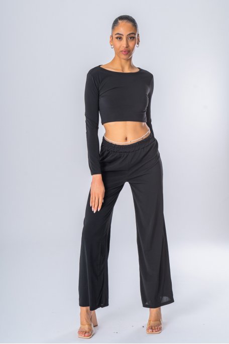 Set aus Crop Top, fließendem Unterteil und ausgestelltem Unterteil schwarz