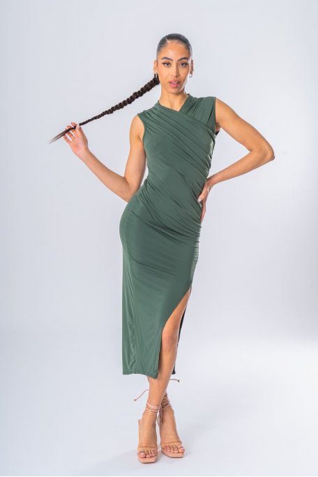 Robe moulante froncée sans manches kaki