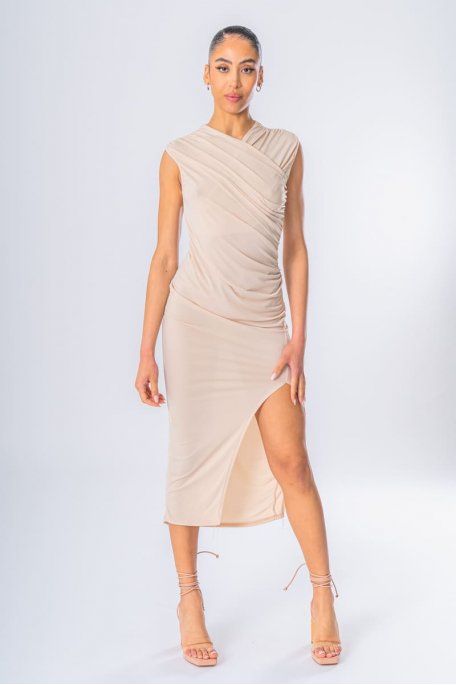 Beige sleeveless shirred dress